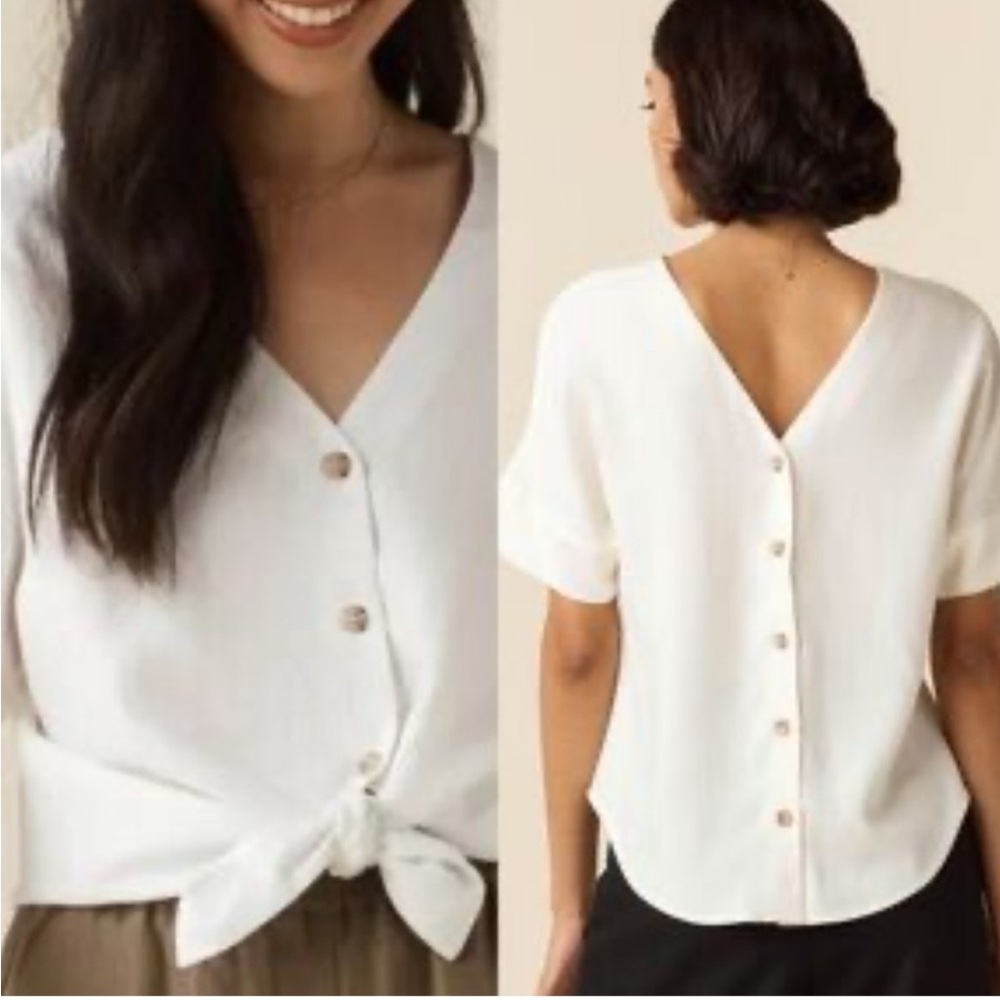 NWOT VETTA The Boyfriend Short Ivory Button-Down Linen Blend Women's Shirt